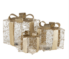 Illuminated Gold Beaded Gift Boxes S/3