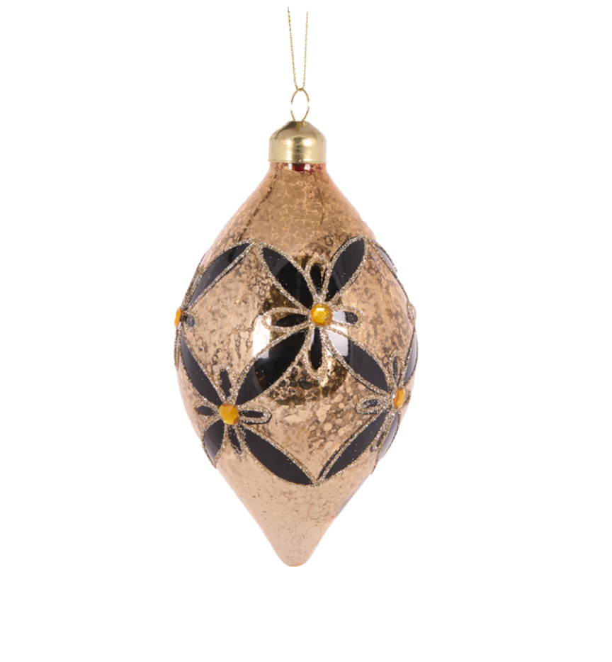 Black & Gold Floral Drop Bauble Set of 2