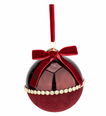 Burgundy Flocked Bauble with Bow - Set of 2