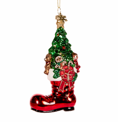 Boot With Tree Glass Ornament