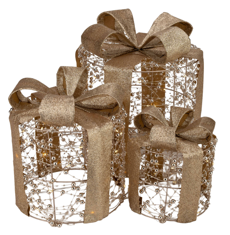 Illuminated Gold Beaded Gift Boxes  S/3