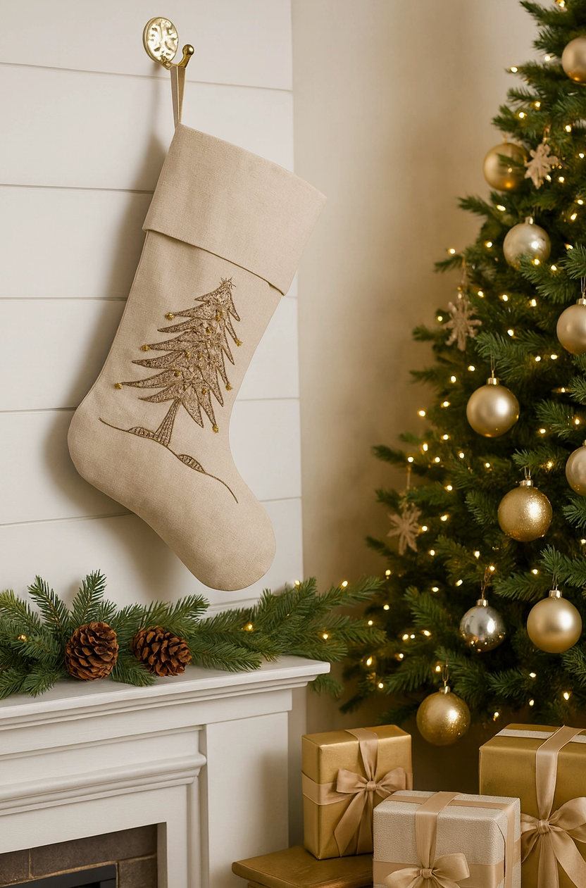 Gold Sapin De Noel Hand Beaded Christmas Stocking