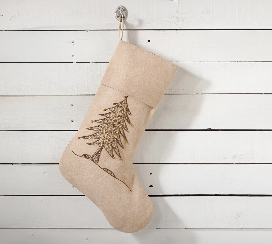 Gold Sapin De Noel Hand Beaded Christmas Stocking